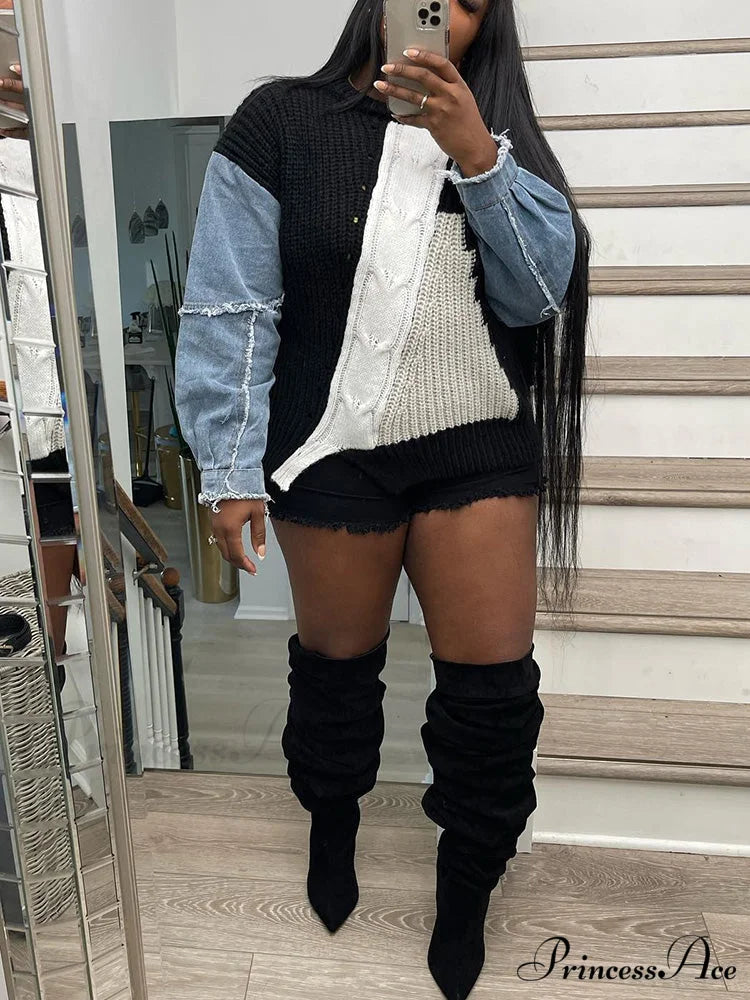 Knitted Color Block Turtleneck Modern Long Sleeve Sweater - Pink Black / One Size