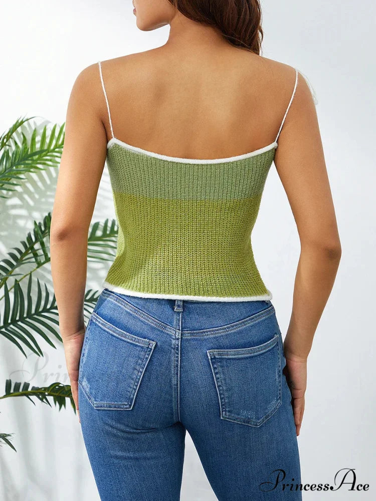 Knitted Contrast Lace-up Spaghetti Strap 90s Crop Top croptop-250126