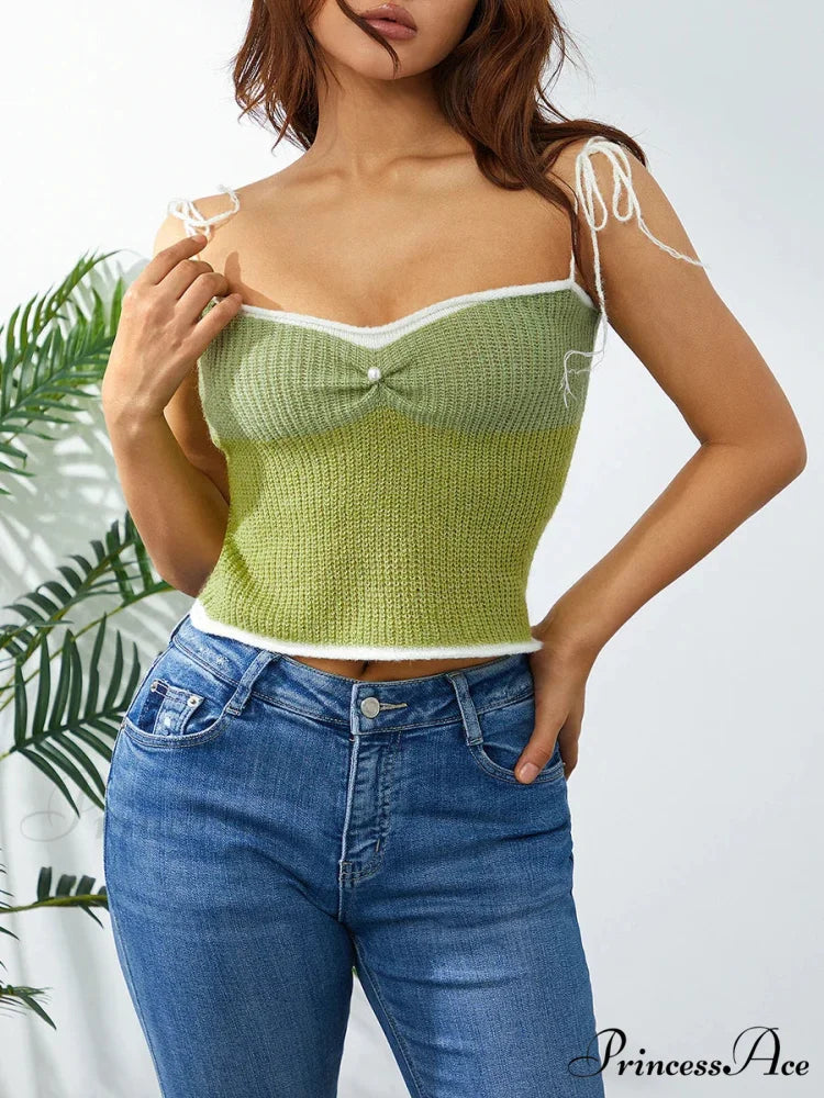 Knitted Contrast Lace-up Spaghetti Strap 90s Crop Top croptop-250126