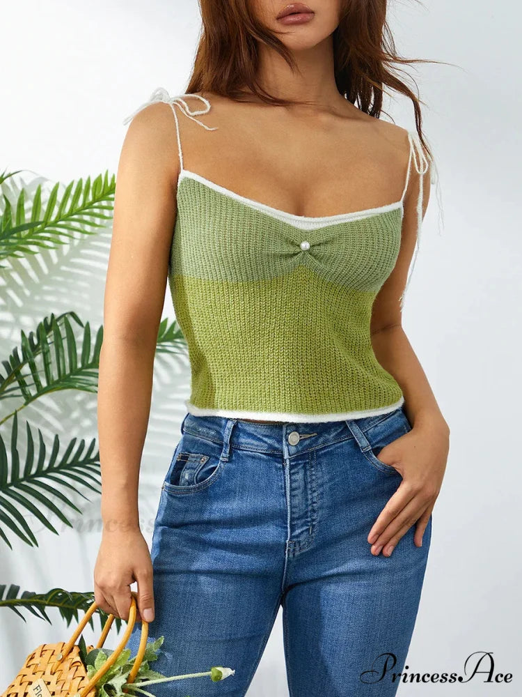 Knitted Contrast Lace-up Spaghetti Strap 90s Crop Top croptop-250126