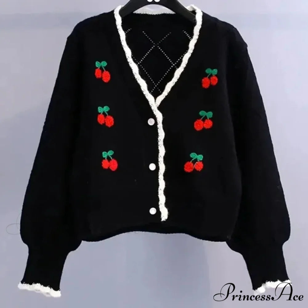 Knitted Cozy Autumnal Winter V-neck Floral Casual Long Sleeve Comfortable Stylish Sweater Black / One Size