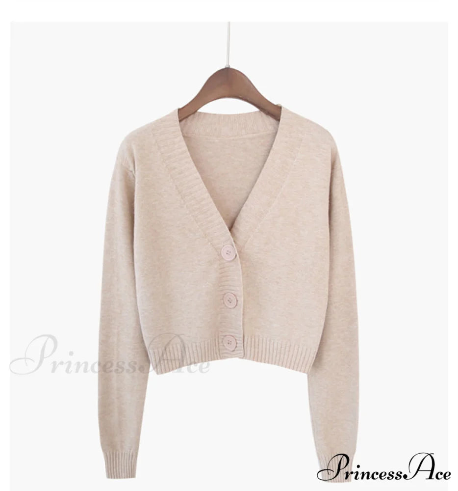 Knitted Crop Women Korean Short Cardigan Beige / One Size