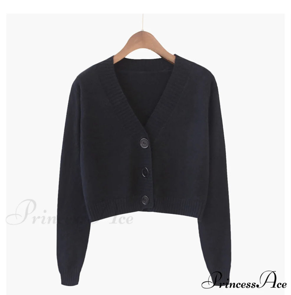 Knitted Crop Women Korean Short Cardigan Black / One Size