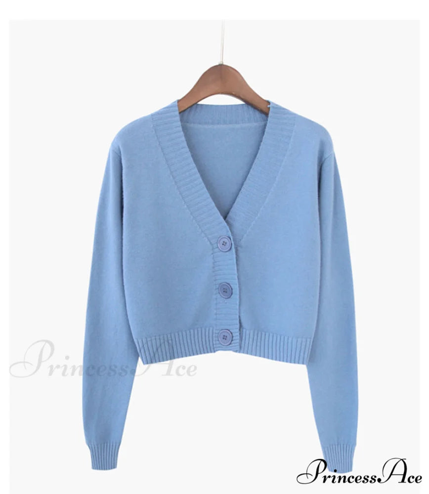 Knitted Crop Women Korean Short Cardigan Blue / One Size