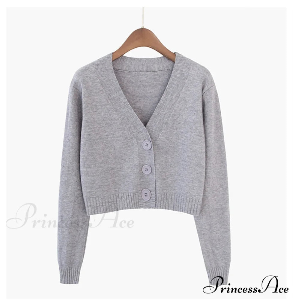 Knitted Crop Women Korean Short Cardigan Gray / One Size