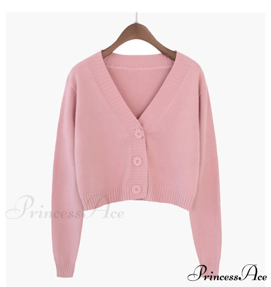 Knitted Crop Women Korean Short Cardigan Pink / One Size