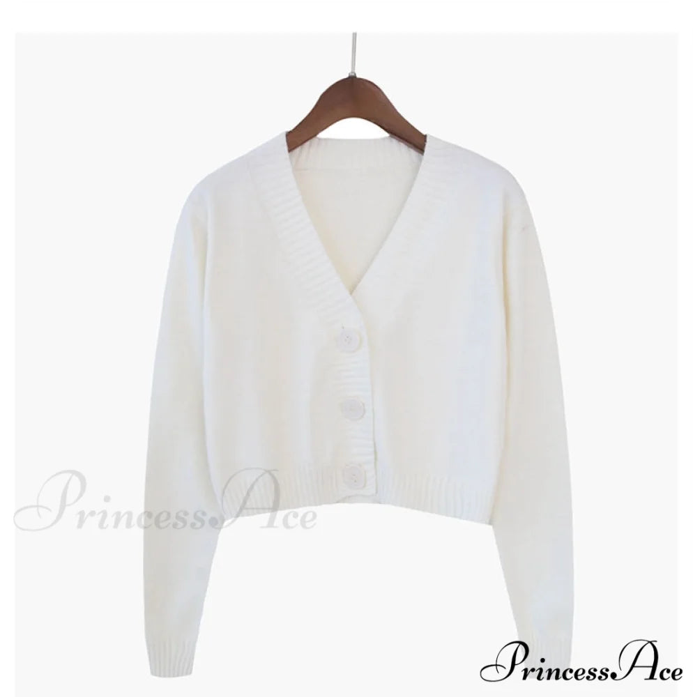 Knitted Crop Women Korean Short Cardigan White / One Size