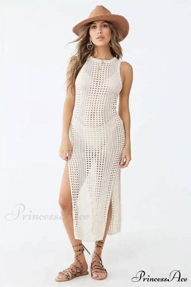 Knitted Cutout Split Charming Beach Cover Up Dress Free Size / 3#
