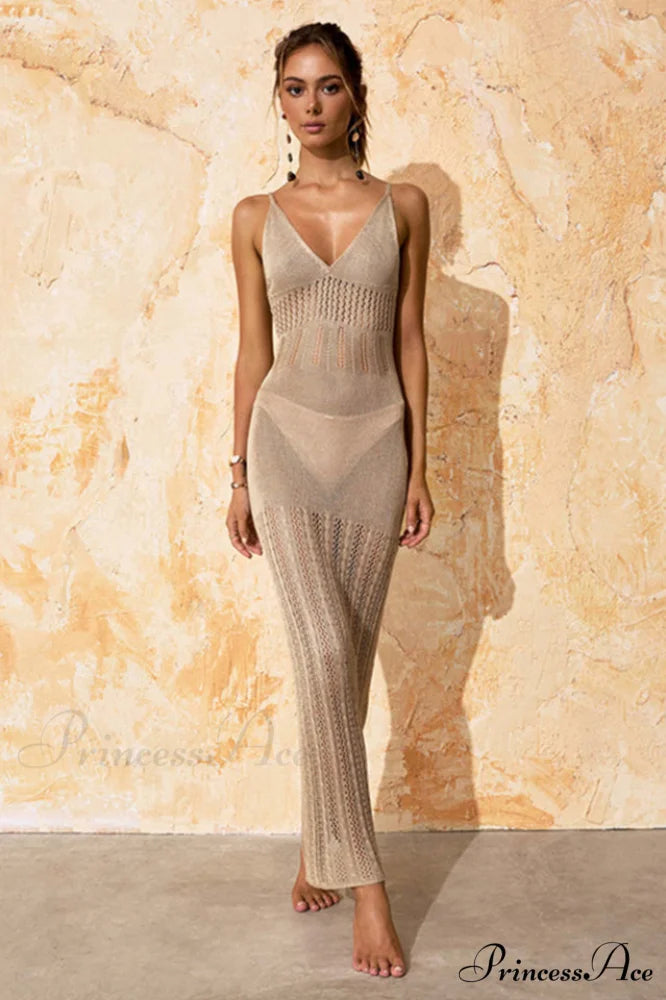 Knitted Cutout V Charming Neck Cover Up Dress S / Beige
