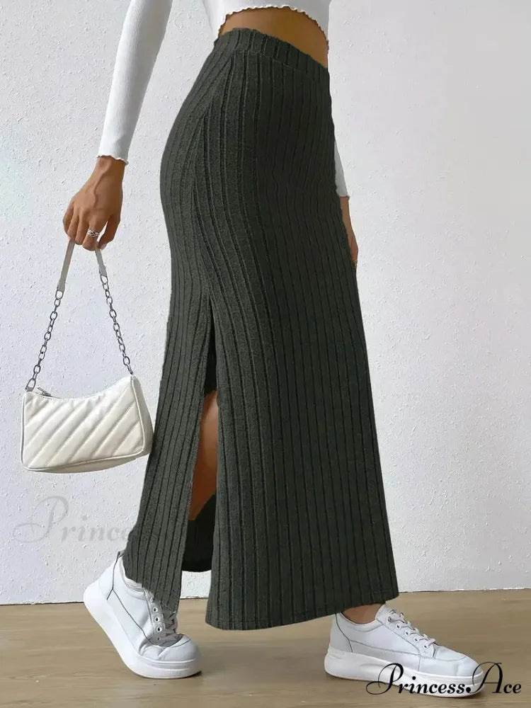 Knitted Elegant Stylish High Waist Slim Solid Color Trendy Hip Slits Skirt Black / XS