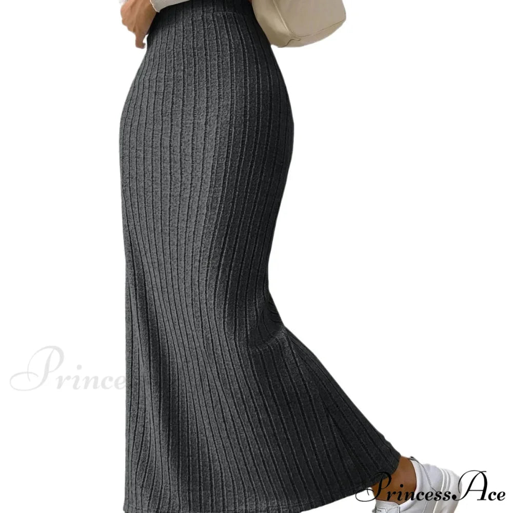 Knitted Elegant Stylish High Waist Slim Solid Color Trendy Hip Slits Skirt Dark Grey / XS