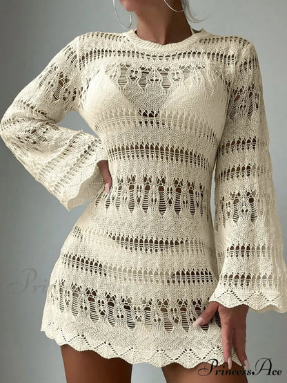 Knitted Empty Out Seductive Backless Beach Mini Boho Dress Cover-up Apricot / S bohodress-250126