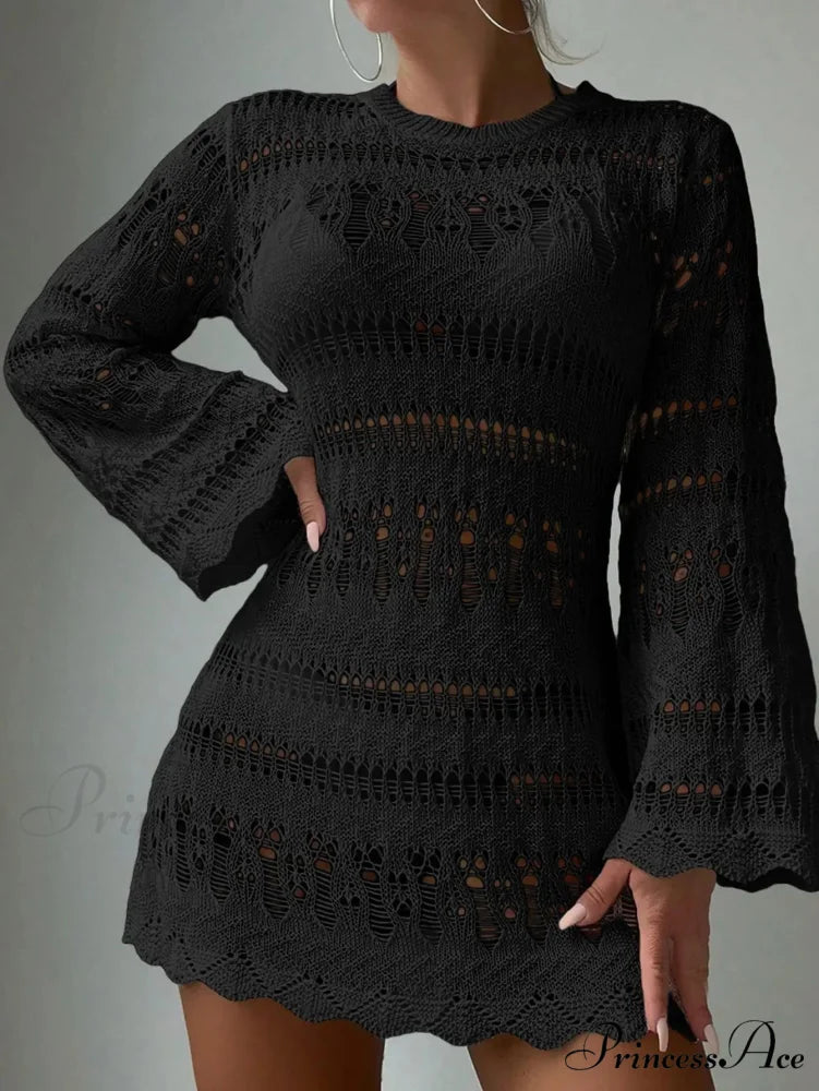 Knitted Empty Out Seductive Backless Beach Mini Boho Dress Cover-up Black / S bohodress-250126