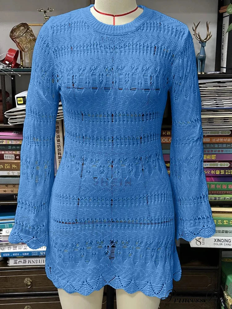Knitted Empty Out Seductive Backless Beach Mini Boho Dress Cover-up Blue / S bohodress-250126