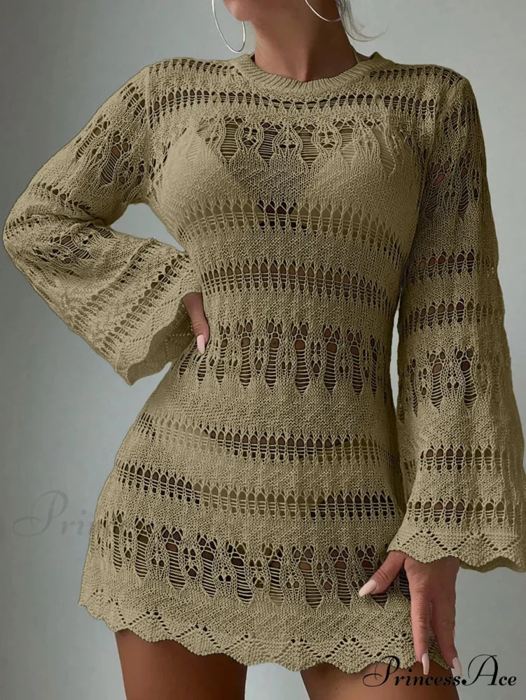 Knitted Empty Out Seductive Backless Beach Mini Boho Dress Cover-up kahaki / S bohodress-250126