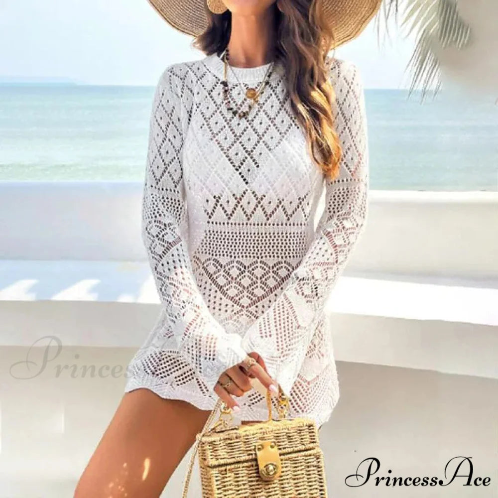 Knitted Empty Out Seductive Backless Beach Mini Boho Dress Cover-up Square white / S bohodress-250126