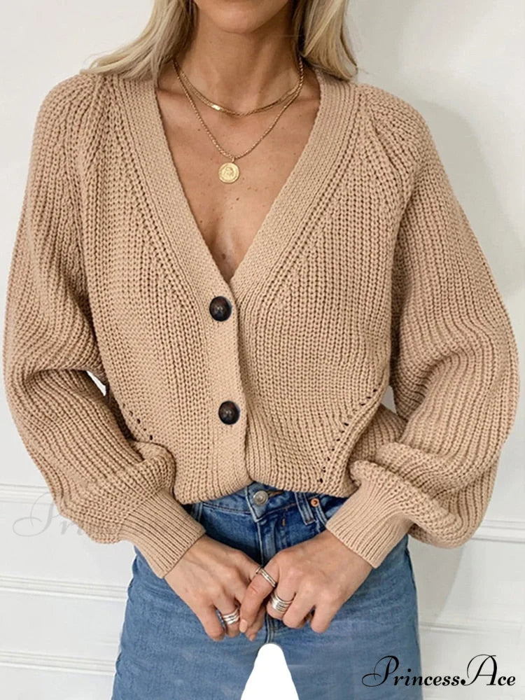 Knitted Fashion Autumn Long Sleeve Loose Cardigans Khaki / One Size