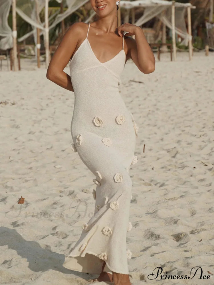 Knitted Floral Stylish Midi Dress Apricot / S