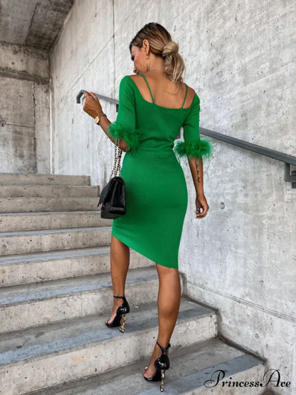 Knitted Fur Women’s Neck Arm One-Line Dress