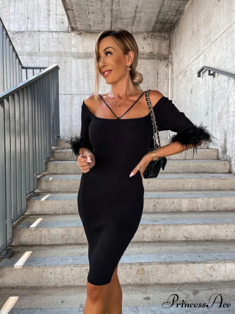Knitted Fur Women’s Neck Arm One-Line Dress Black / S