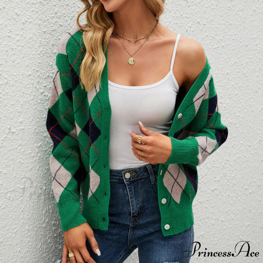 Knitted Geometric Cardigan Green / S