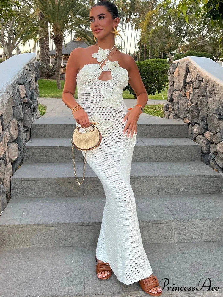 Knitted Halter Azure 3D Blooms Holiday Dress vacationdress-250223