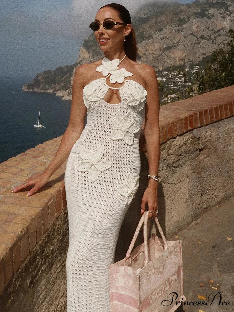 Knitted Halter Azure 3D Blooms Holiday Dress WHITE / S vacationdress-250223