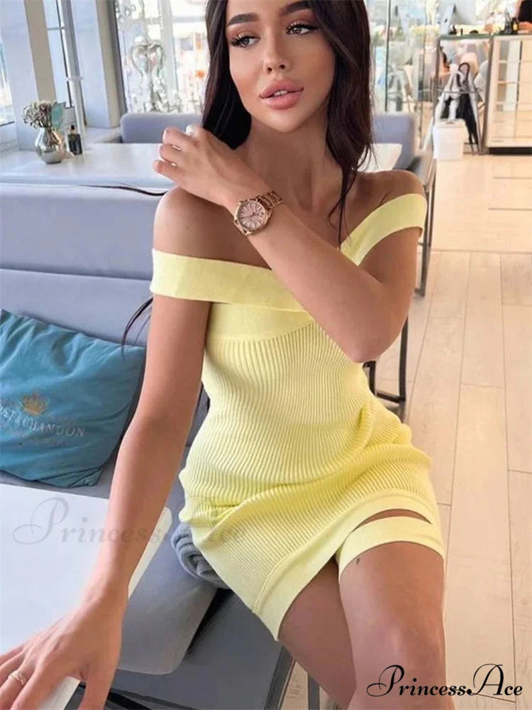 Knitted Halter Bandage Short Dress Yellow / S minidress-250223