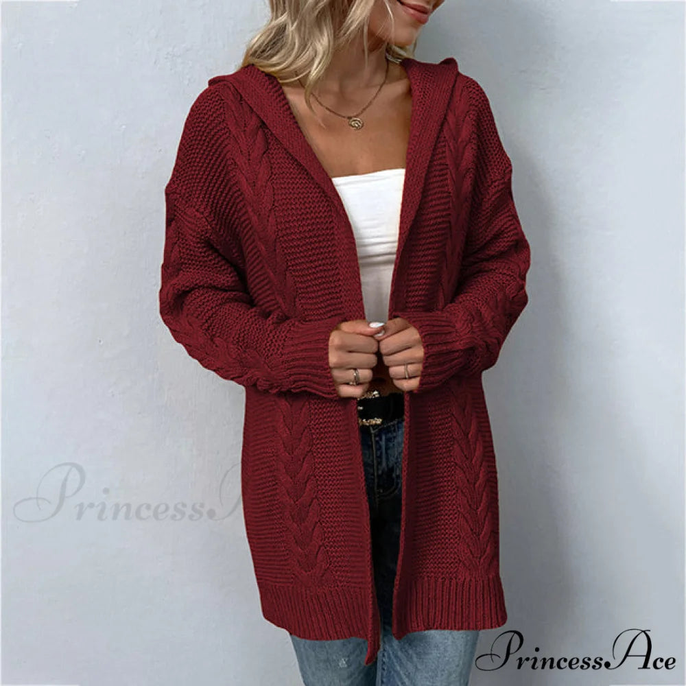 Knitted Hooded Cardigan Red / S