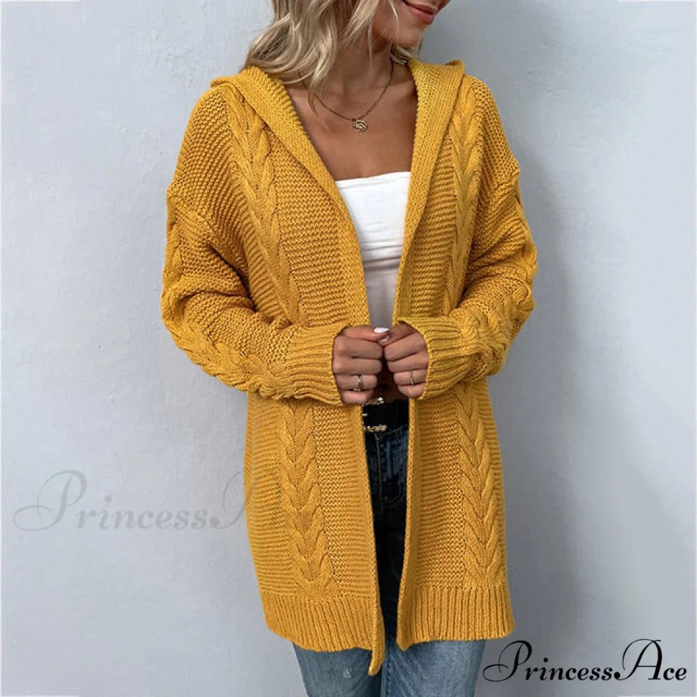 Knitted Hooded Cardigan Yellow / S