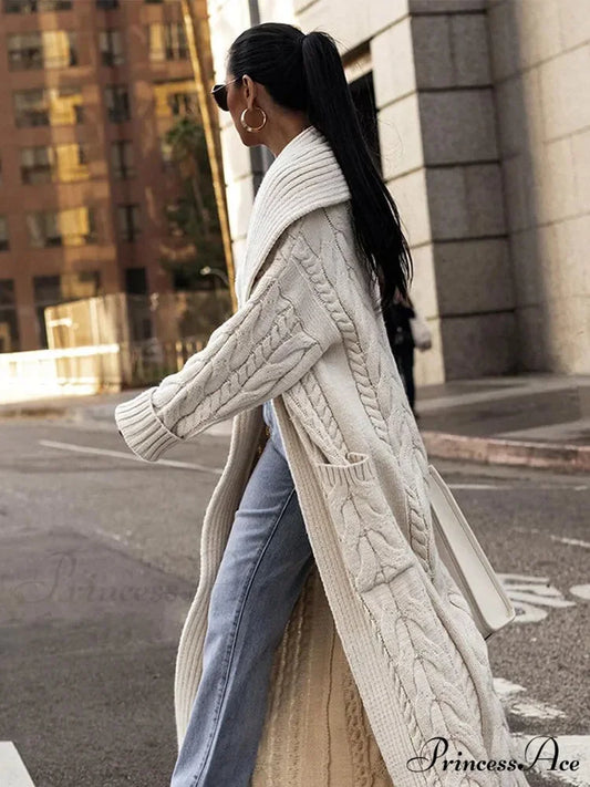 Knitted Ivory Lapel Woolen Dual Pocket Overcoat Black / S overcoats-241228