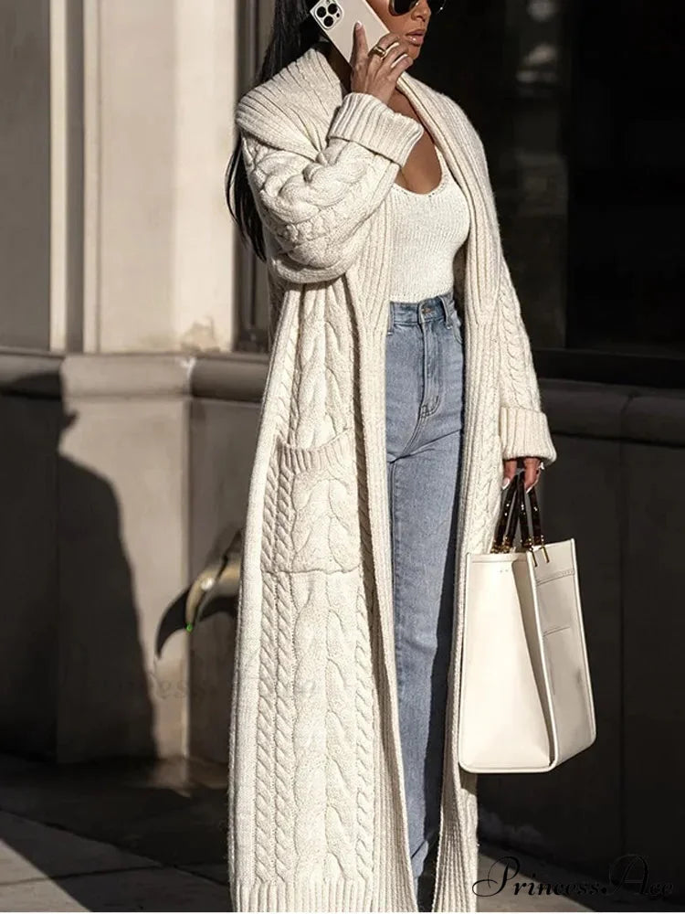 Knitted Ivory Lapel Woolen Dual Pocket Overcoat overcoats-241228