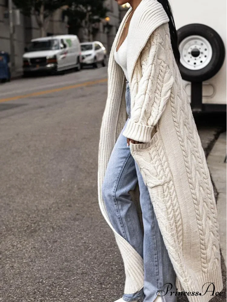 Knitted Ivory Lapel Woolen Dual Pocket Overcoat overcoats-241228