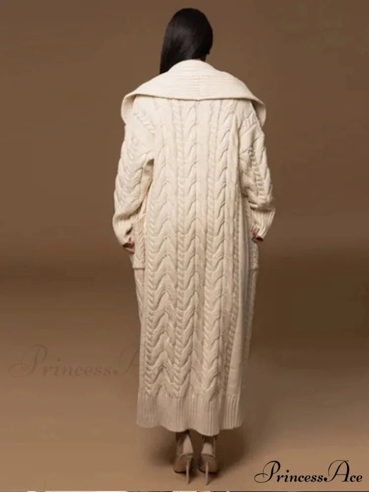 Knitted Ivory Lapel Woolen Dual Pocket Overcoat overcoats-241228