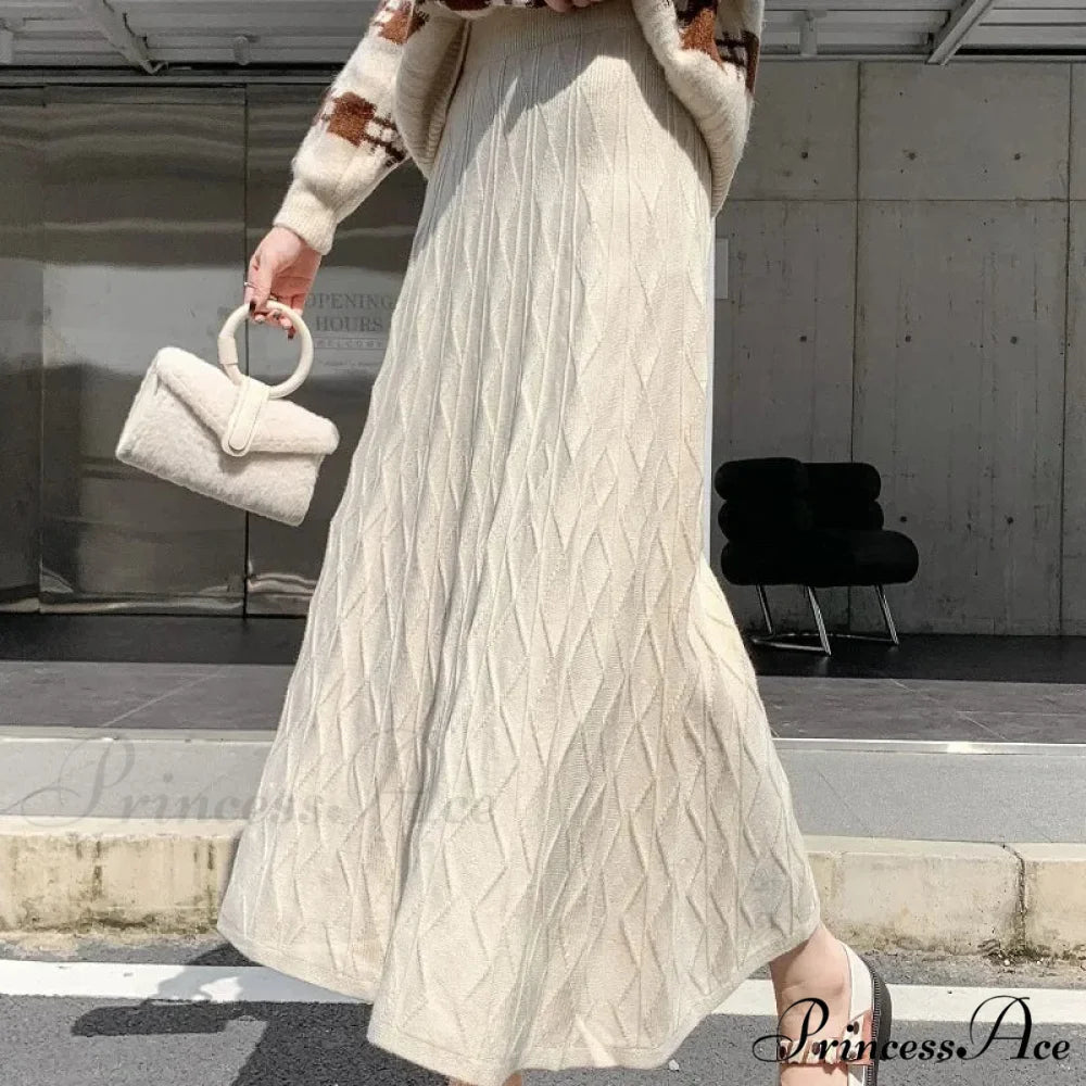 Knitted Long Drooping A-Line High Waisted Woolen Skirt WHITE / One Size