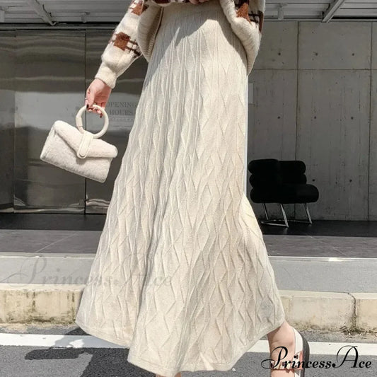 Knitted Long Drooping A-Line High Waisted Woolen Skirt WHITE / One Size