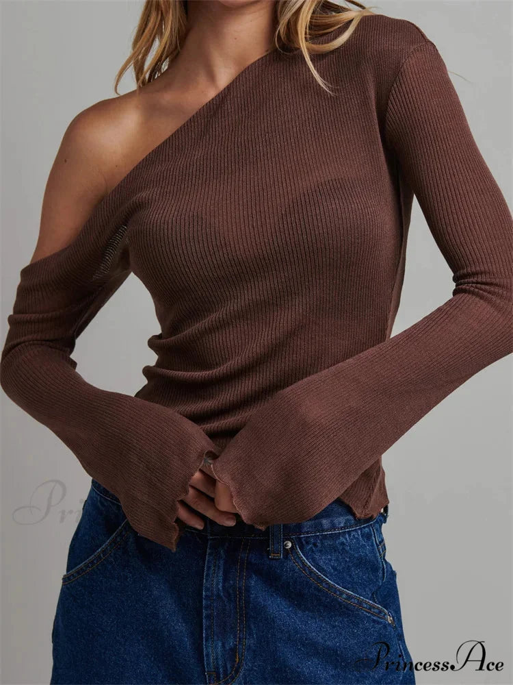 Knitted Long Flare Sleeve Solid Slim Fit T-shirts Off Shoulder T-shirts BROWN / S