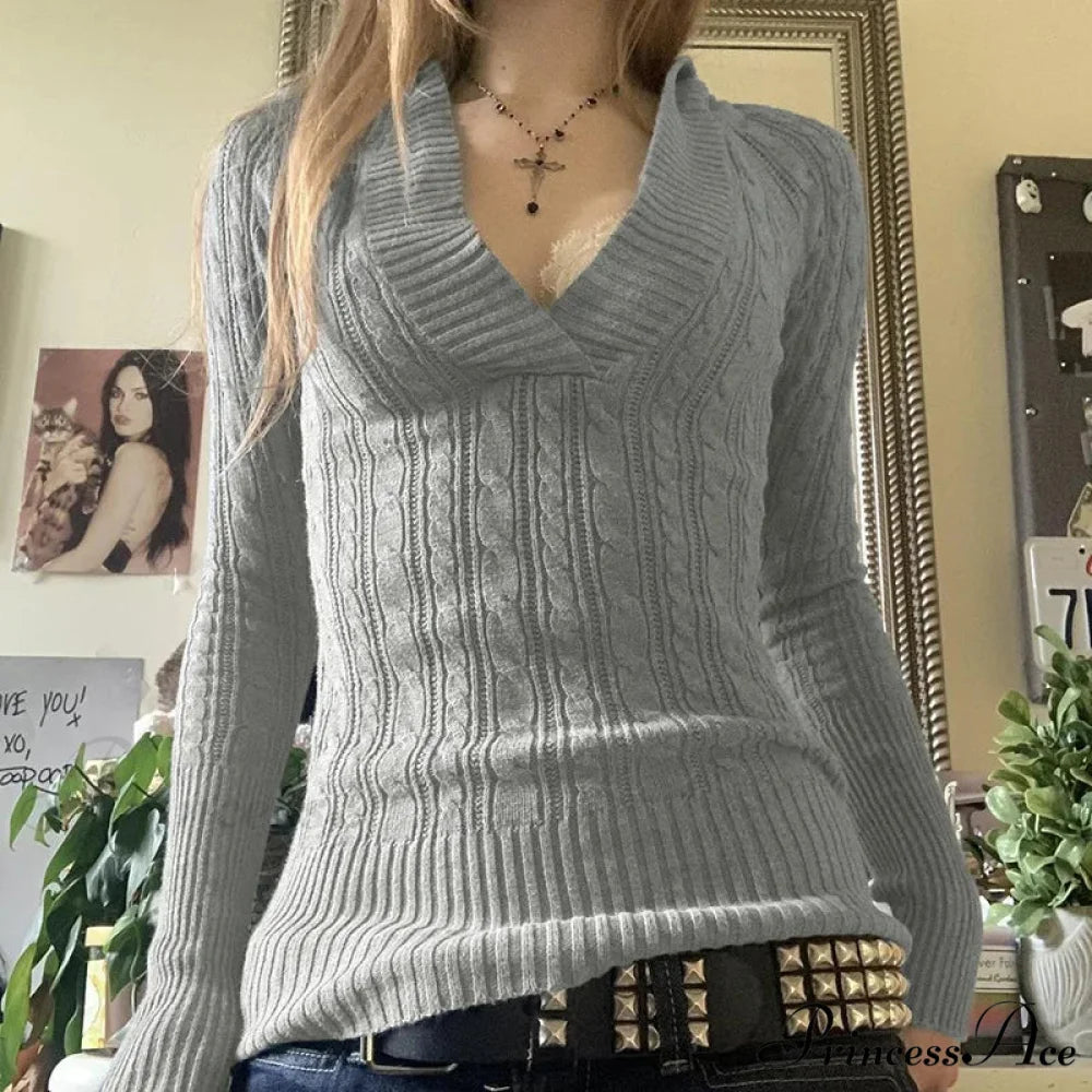 Knitted Narrow Fit Hooded Sweater Lengthy Sleeve V Neck Women knittop-250126