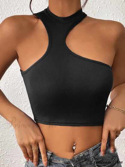 Knitted Neck Cropped Tank Top Asymmetrical Round for Women Black / S