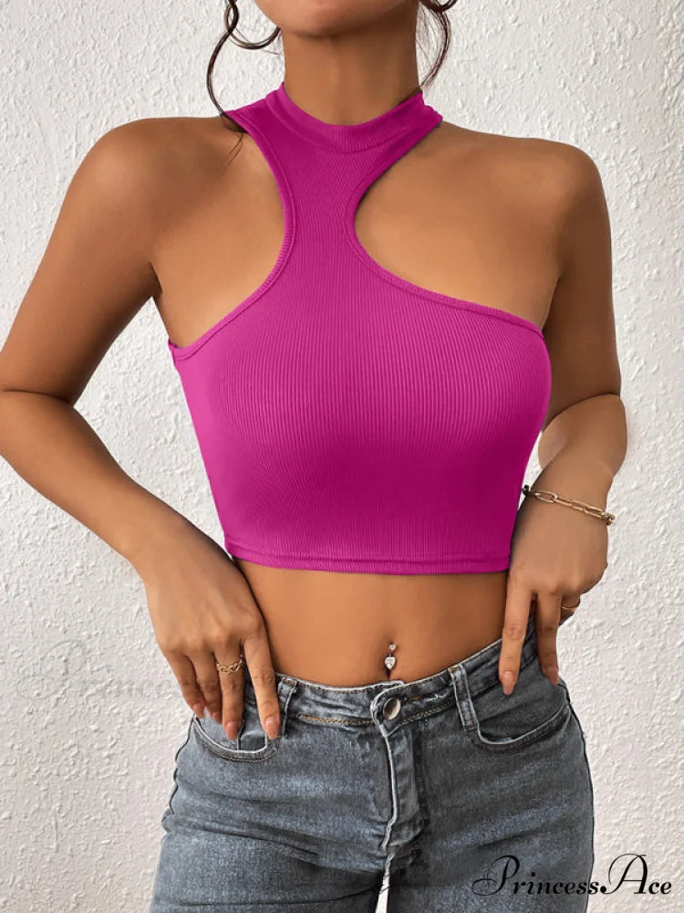 Knitted Neck Cropped Tank Top Asymmetrical Round for Women Rose / S