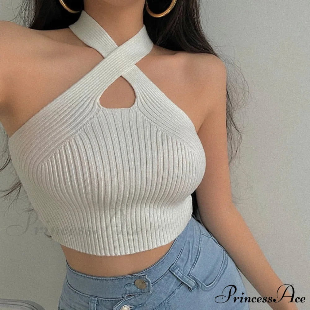 Knitted Off Shoulder Cross Strappy Sexy Tank Tops WHITE / One Size