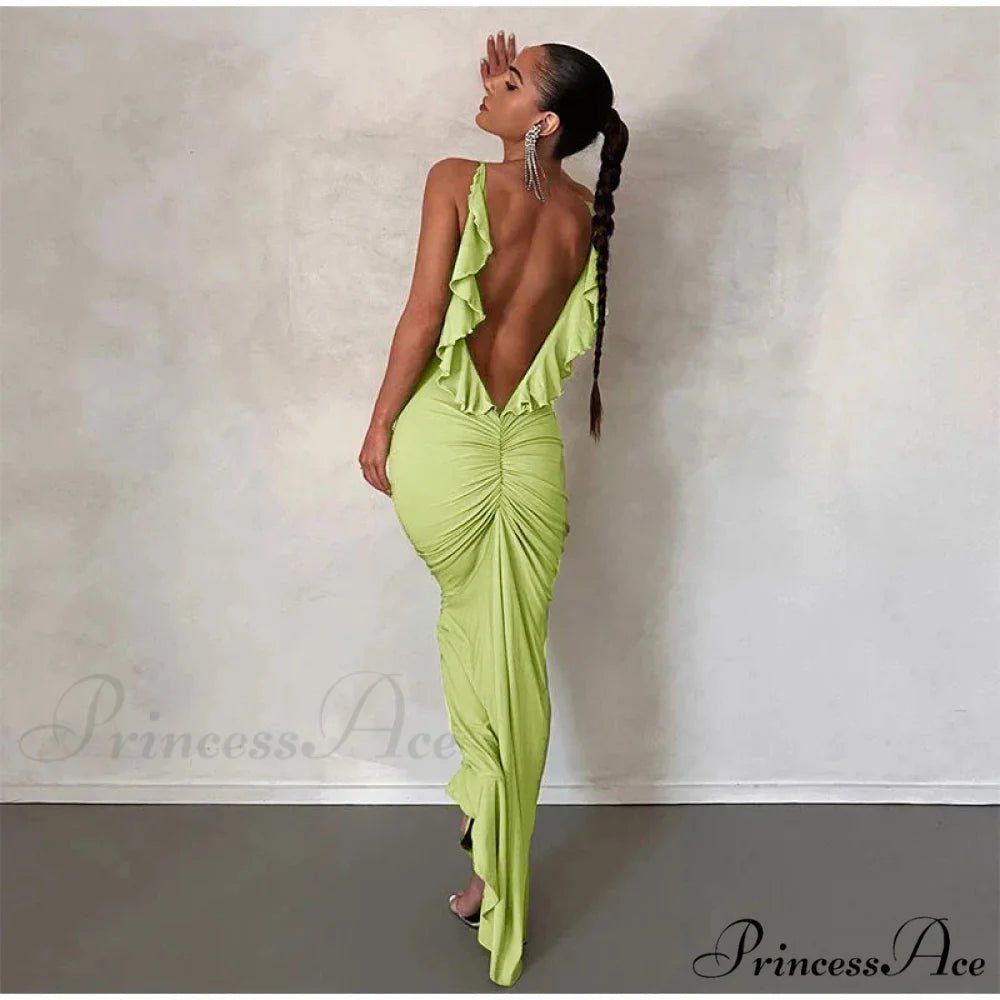 Knitted Open Back Maxi Dress GREEN / S