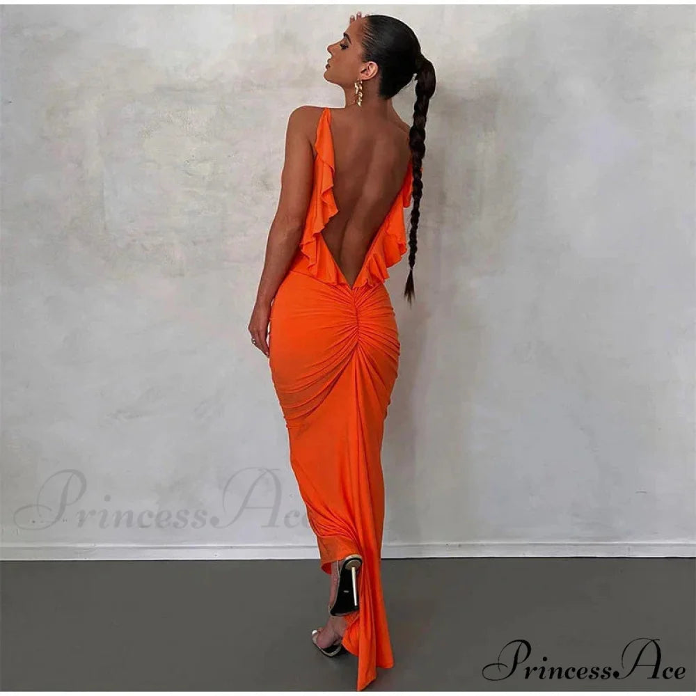 Knitted Open Back Maxi Dress ORANGE / S