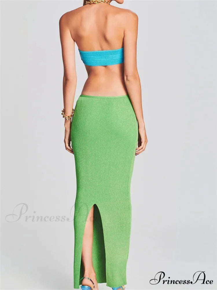 Knitted Patchwork for Women Halter Lace-up Backless Off Shoulder Hollow Out Summer Vestidos New