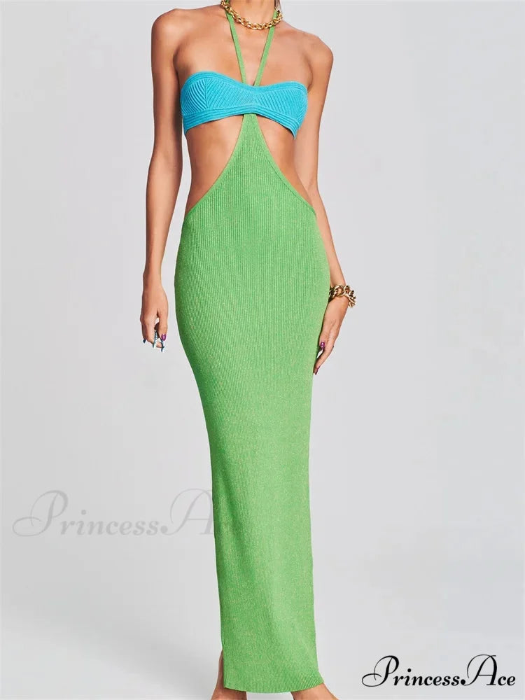 Knitted Patchwork for Women Halter Lace-up Backless Off Shoulder Hollow Out Summer Vestidos New Green / S