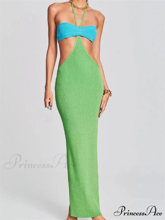 Knitted Patchwork for Women Halter Lace-up Backless Off Shoulder Hollow Out Summer Vestidos New Green / S