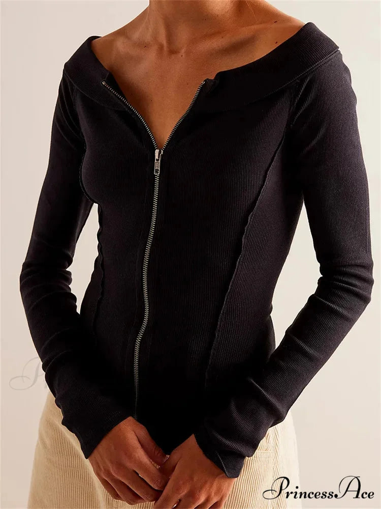 Knitted Patchwork Solid Color Long Sleeve Double Zip Up T-shirts
