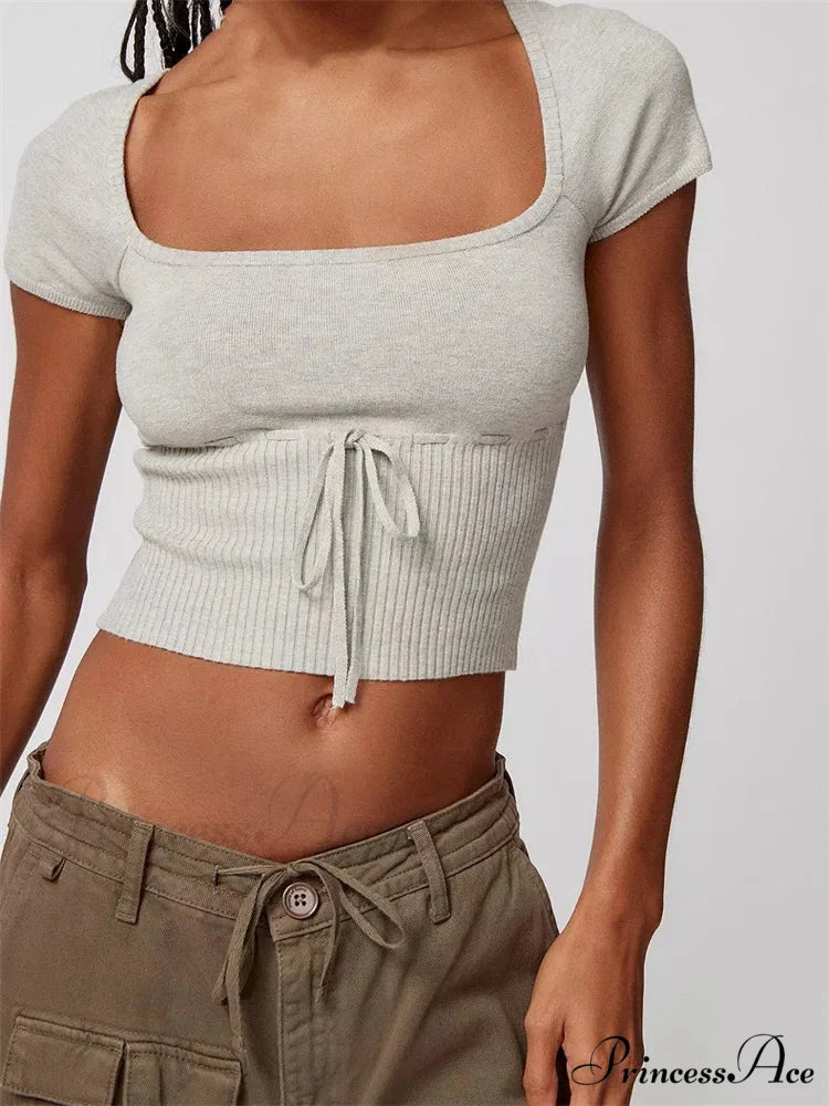 Knitted Ribbed Solid Color Short Sleeve Square Neck Drawstring T-shirts GREY / S