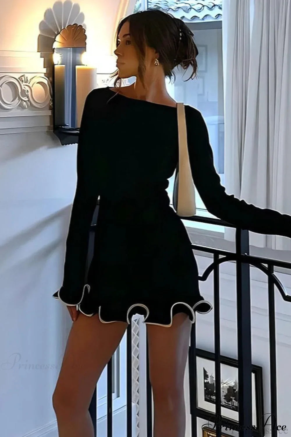 Knitted Ruffled Tight Long Sleeve Mini Dress