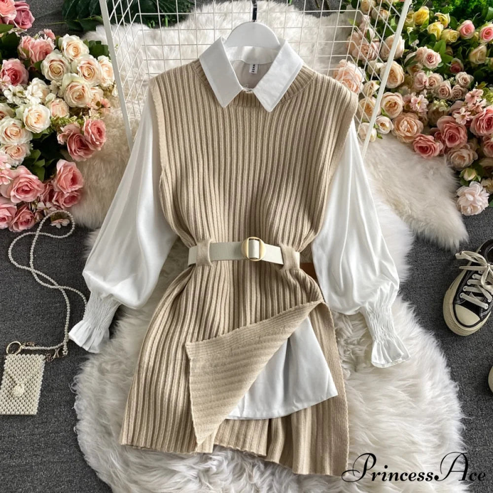 Knitted Set Waistband Style Blouse Top - Women’s Lantern College and Vest Arm UK900